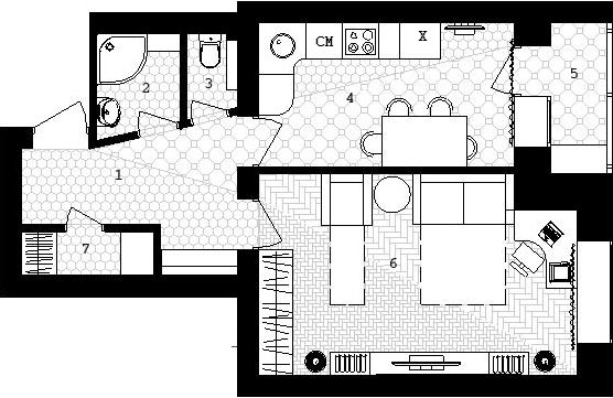 Идея перепланировки 1 комнатной квартиры общей площадью 46,7 кв.м. - фото 1